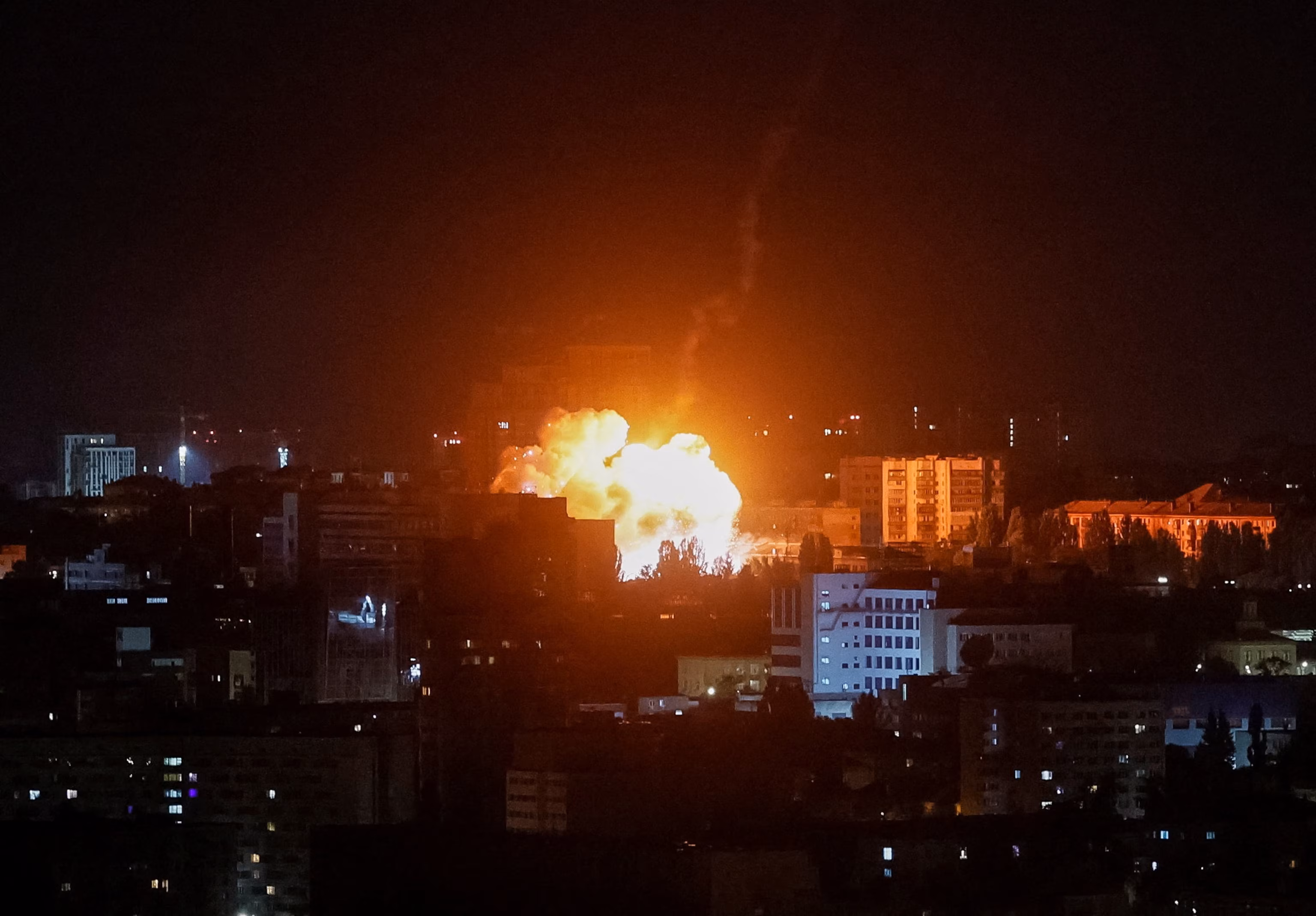 Russian air defence systems firing at Ukrainian drones over the Moscow region during an overnight attack.