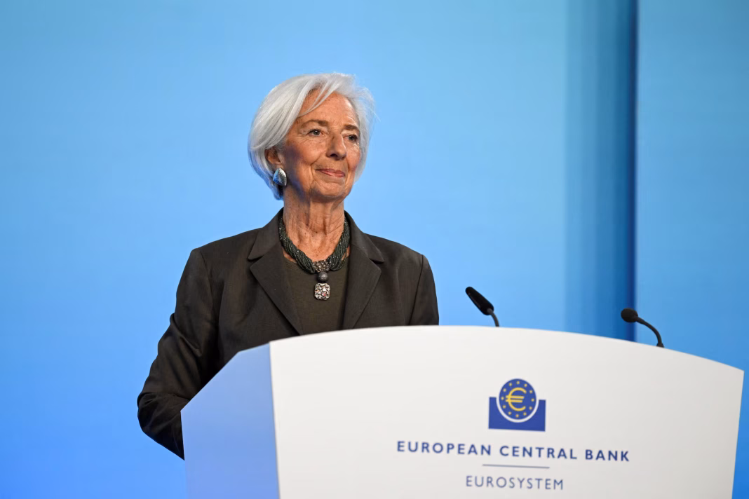 Christine Lagarde, President of the European Central Bank, speaking at a press conference in Frankfurt.